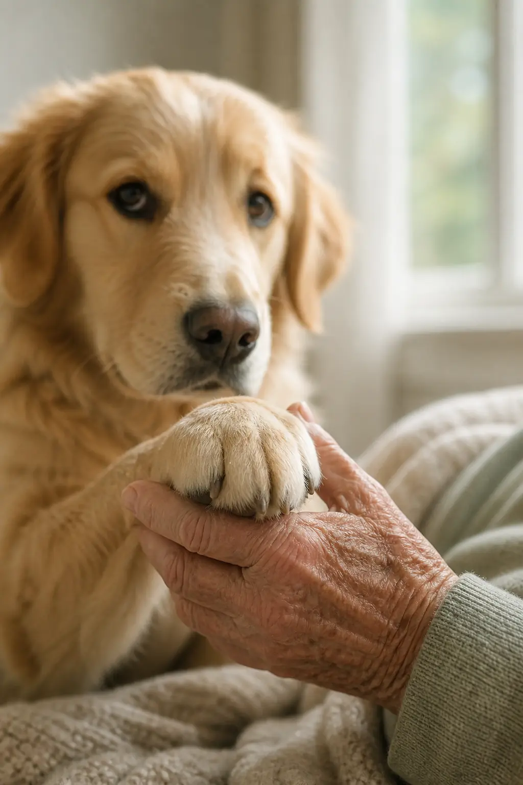 A golden rescue dog rests its paw in an older person’s hand